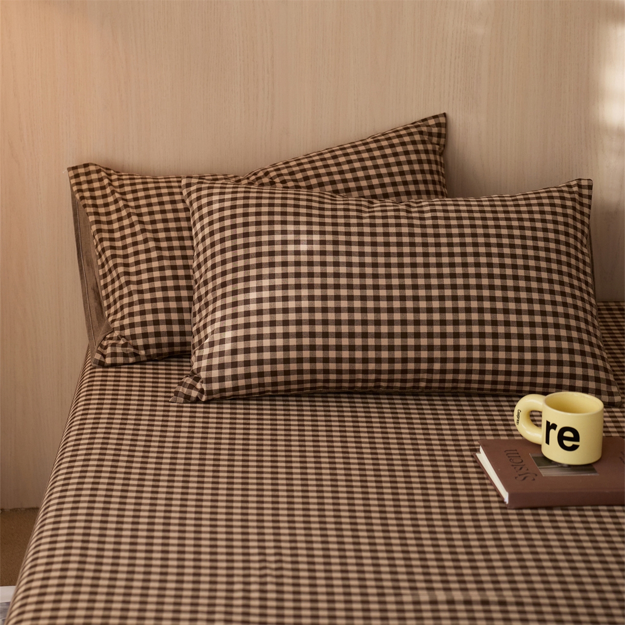 91家纺网 家纺一手货源 找家纺 启程家纺 2026新款纯棉水洗棉复古小格多规格系列单品枕套 复古小格-咖