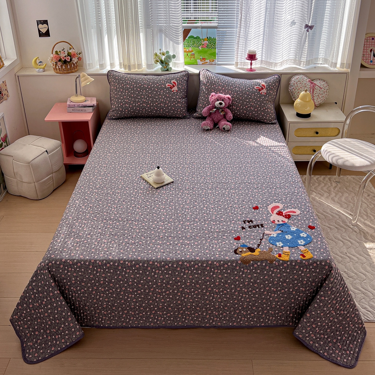 91家纺网 家纺一手货源 找家纺 水墨江南 2026直播热款加厚仿棉古法水洗棉夹棉床盖系列 小兔花花