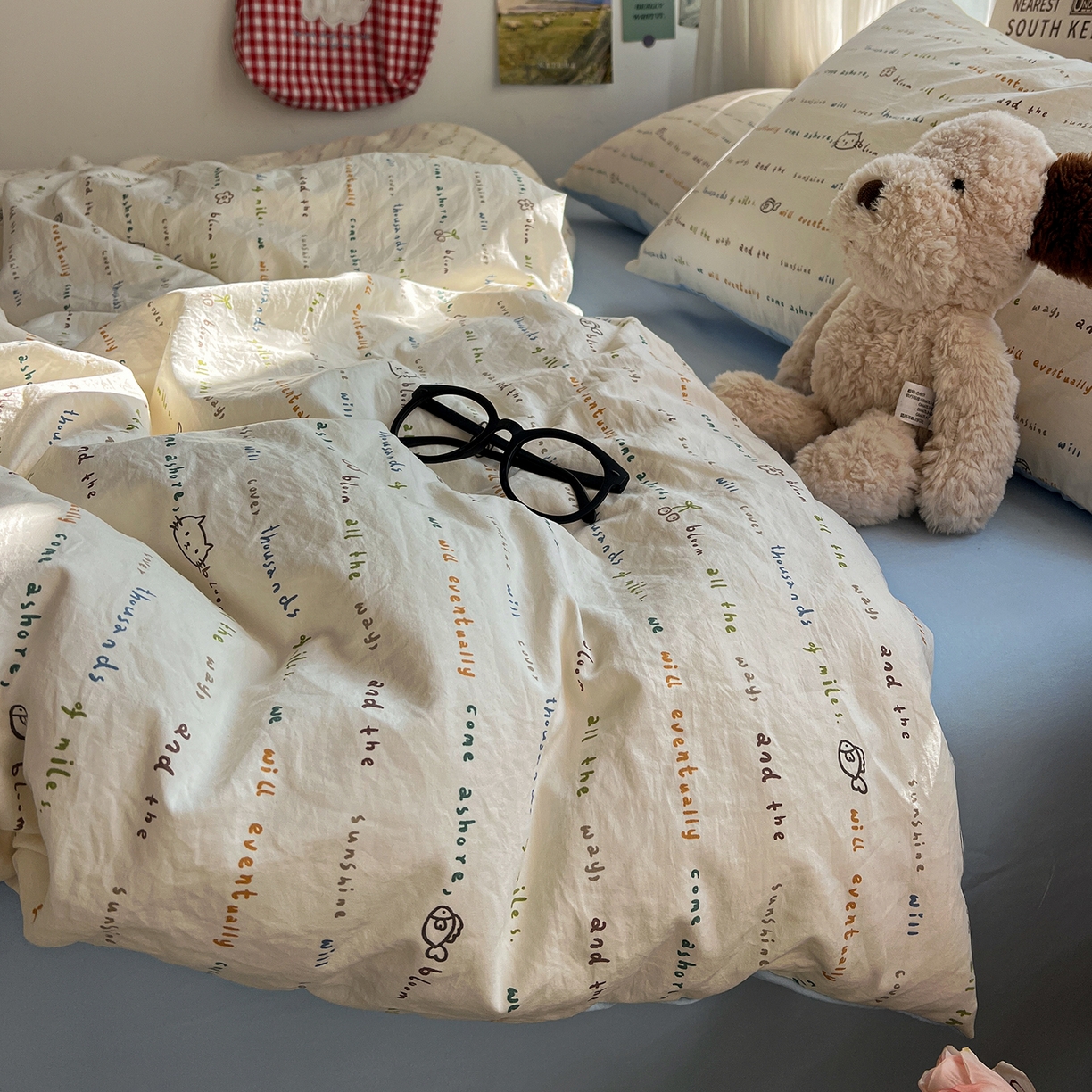 91家纺网 家纺一手货源 找家纺 水墨江南 2026新款加厚仿棉古法水洗棉小布袋款印花四件套 小猫钓鱼