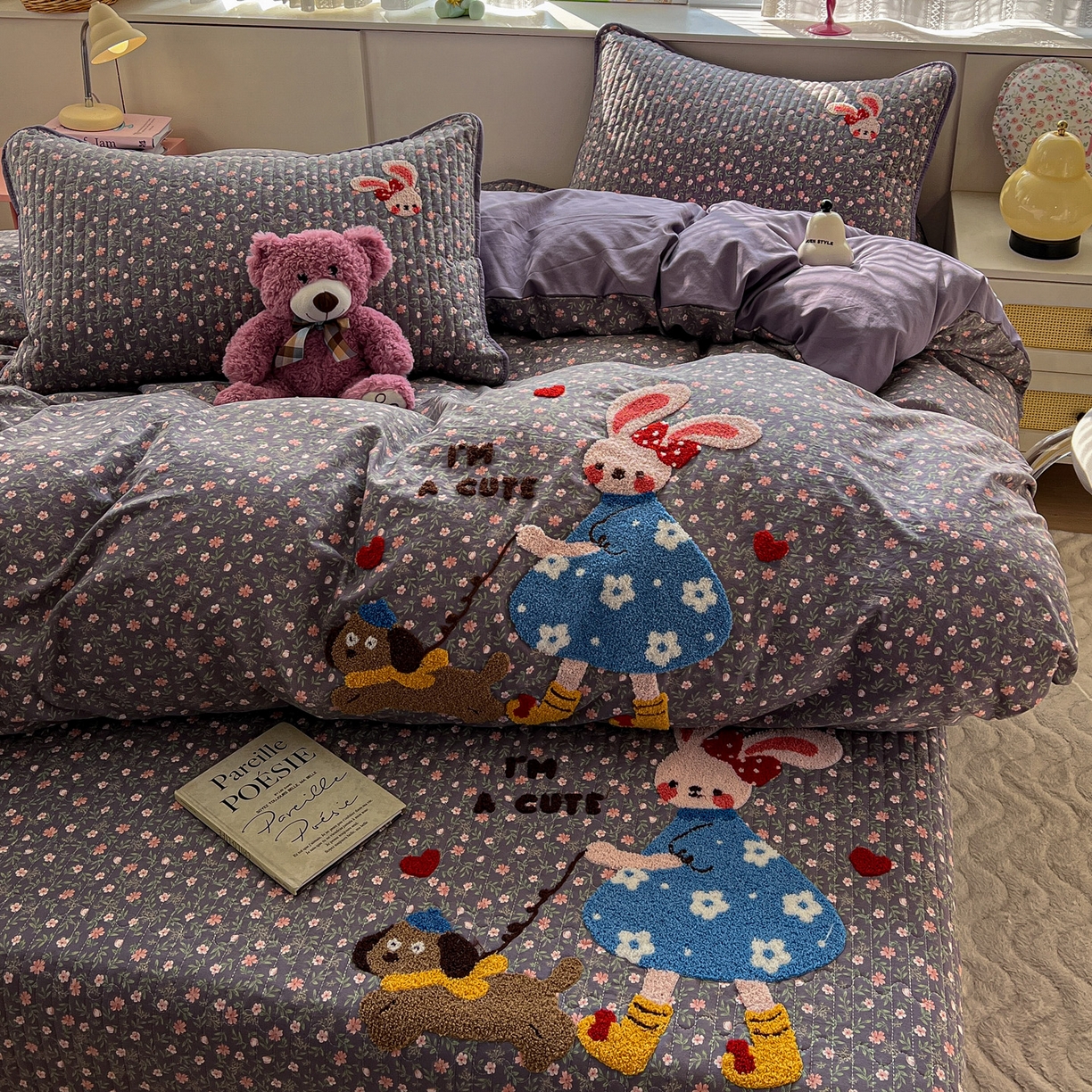 91家纺网 家纺一手货源 找家纺 水墨江南 2026直播热款加厚仿棉古法水洗棉夹棉床盖系列 小兔花花