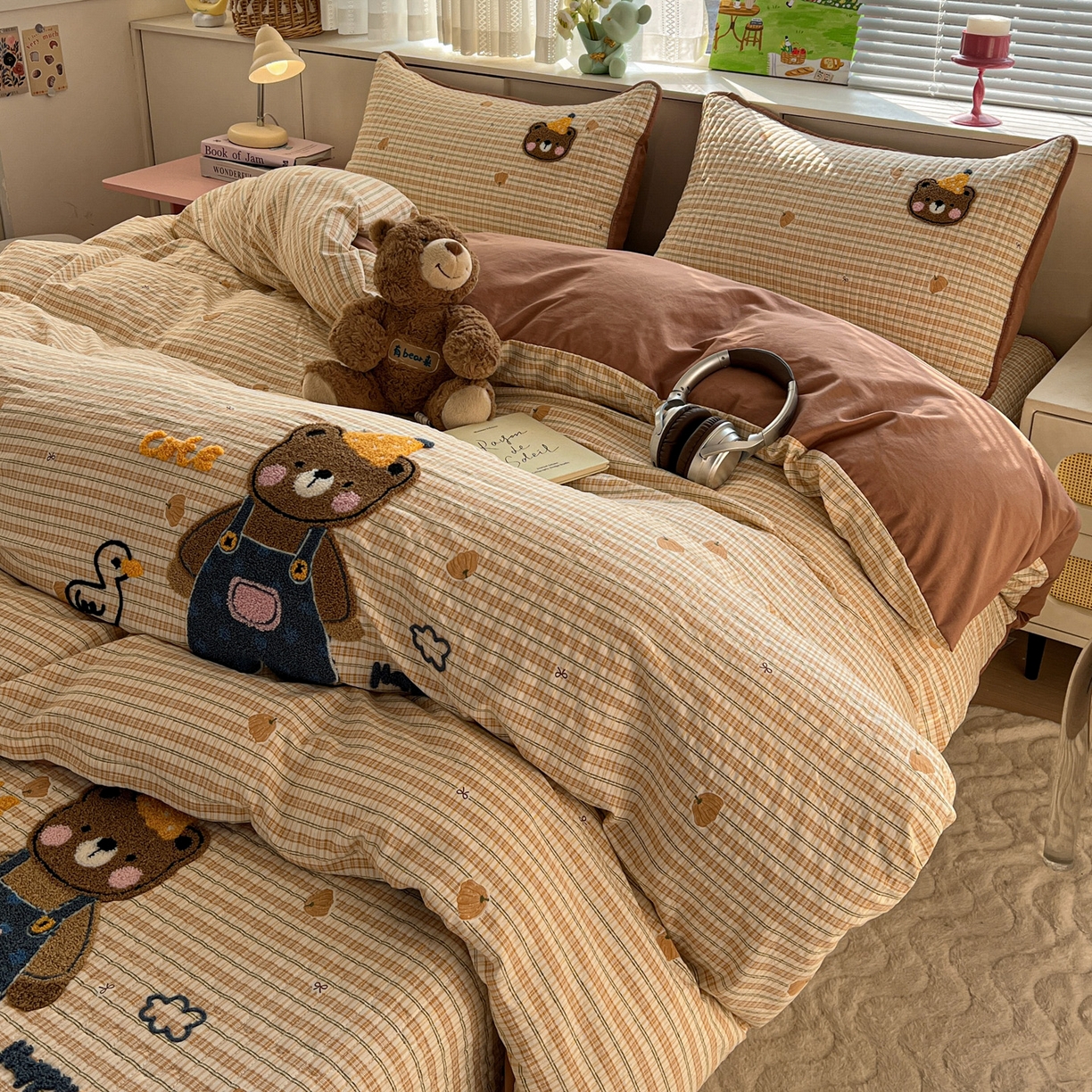 91家纺网 家纺一手货源 找家纺 水墨江南 2026直播热款加厚仿棉古法水洗棉夹棉床盖系列 快乐小熊