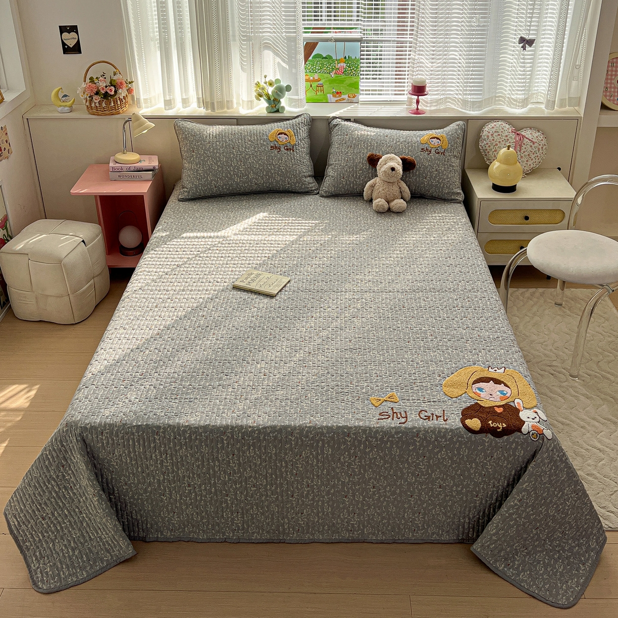 91家纺网 家纺一手货源 找家纺 水墨江南 2026直播热款加厚仿棉古法水洗棉夹棉床盖系列 兔兔女孩