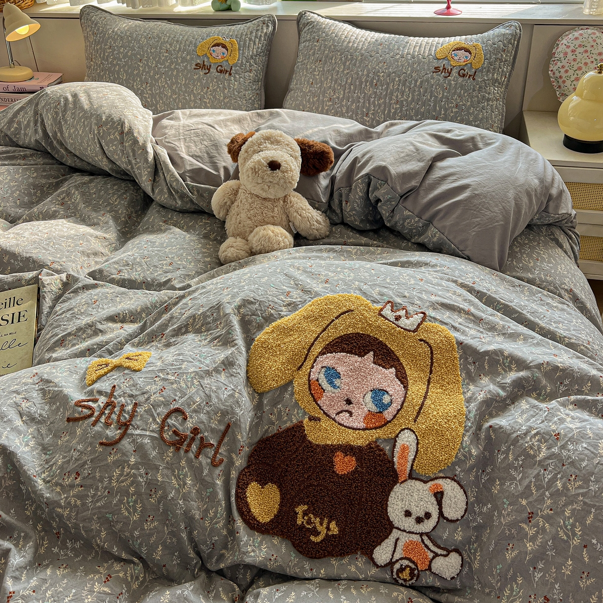 91家纺网 家纺一手货源 找家纺 水墨江南 2026直播热款加厚仿棉古法水洗棉夹棉床盖系列 兔兔女孩