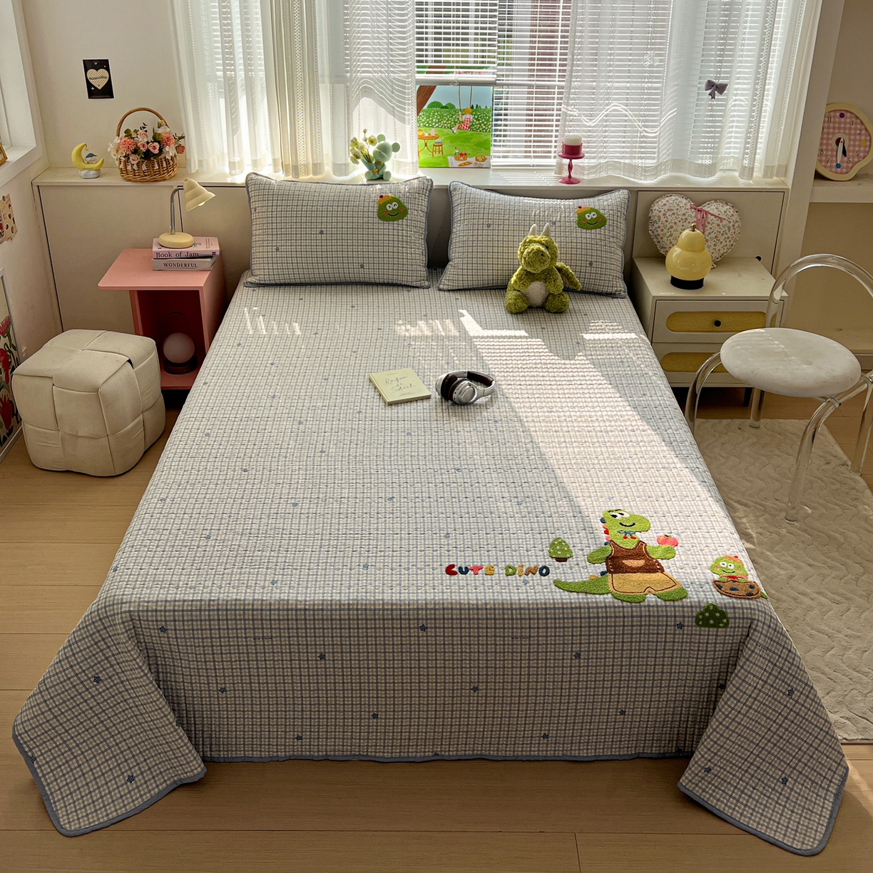 91家纺网 家纺一手货源 找家纺 水墨江南 2026直播热款加厚仿棉古法水洗棉夹棉床盖系列 星星恐龙