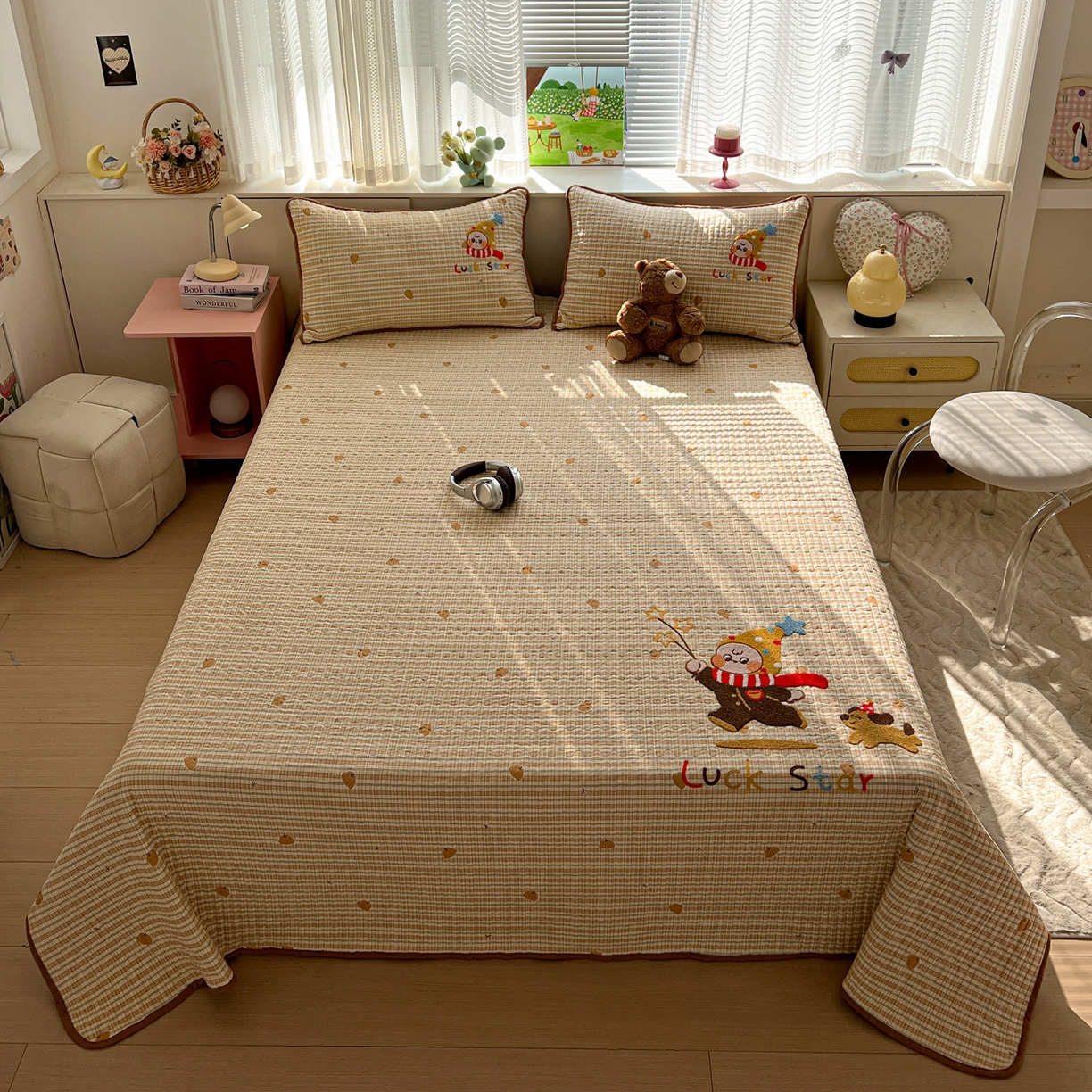 91家纺网 家纺一手货源 找家纺 水墨江南 2026直播热款加厚仿棉古法水洗棉夹棉床盖系列 星星男孩