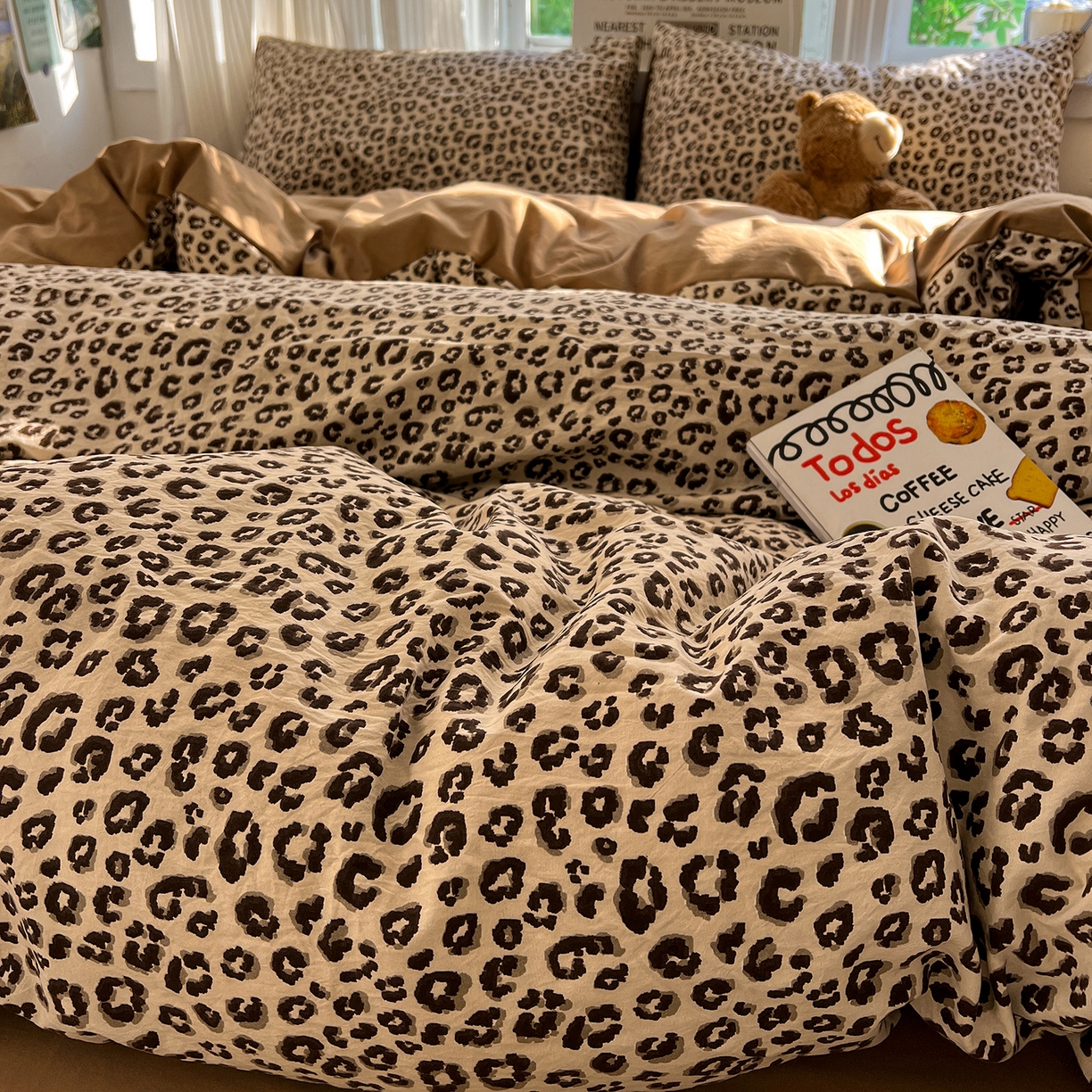 91家纺网 家纺一手货源 找家纺 水墨江南 2026新款加厚仿棉古法水洗棉小布袋款印花四件套 豹纹咖