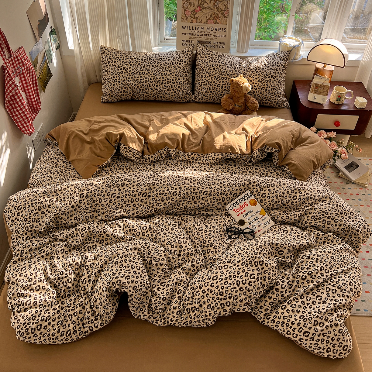 91家纺网 家纺一手货源 找家纺 水墨江南 2026新款加厚仿棉古法水洗棉小布袋款印花四件套 豹纹咖