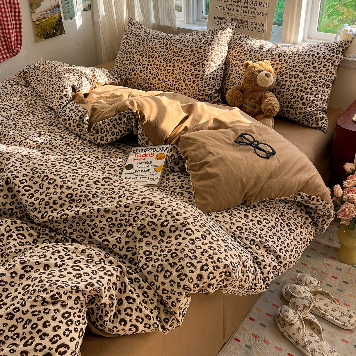 91家纺网 家纺一手货源 找家纺 水墨江南 2026新款加厚仿棉古法水洗棉小布袋款印花四件套 豹纹咖