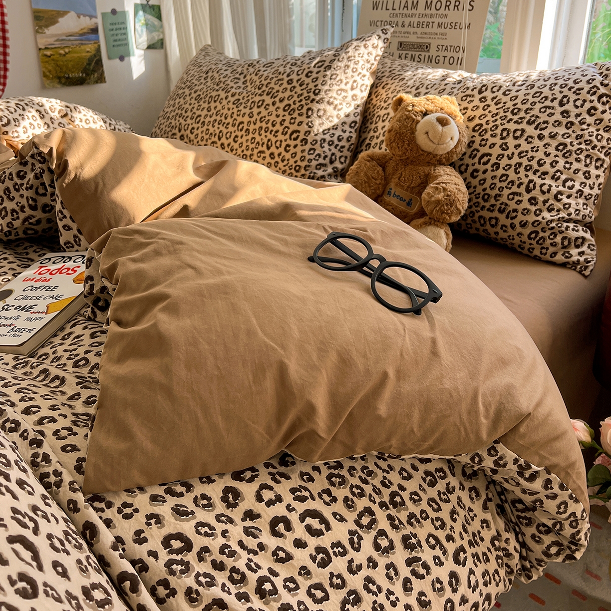 91家纺网 家纺一手货源 找家纺 水墨江南 2026新款加厚仿棉古法水洗棉小布袋款印花四件套 豹纹咖