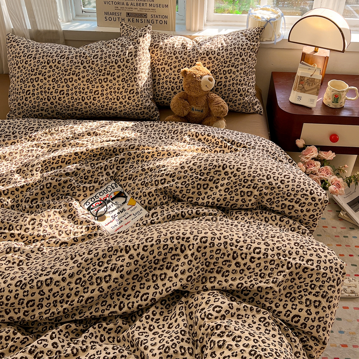 91家纺网 家纺一手货源 找家纺 水墨江南 2026新款加厚仿棉古法水洗棉小布袋款印花四件套 豹纹咖