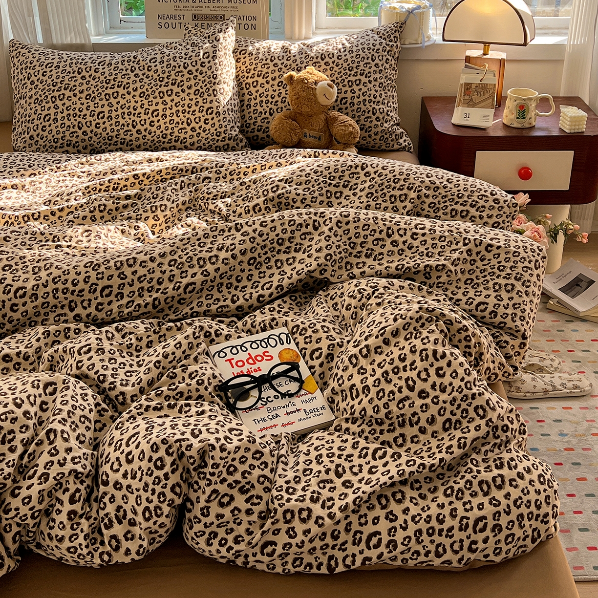 91家纺网 家纺一手货源 找家纺 水墨江南 2026新款加厚仿棉古法水洗棉小布袋款印花四件套 豹纹咖