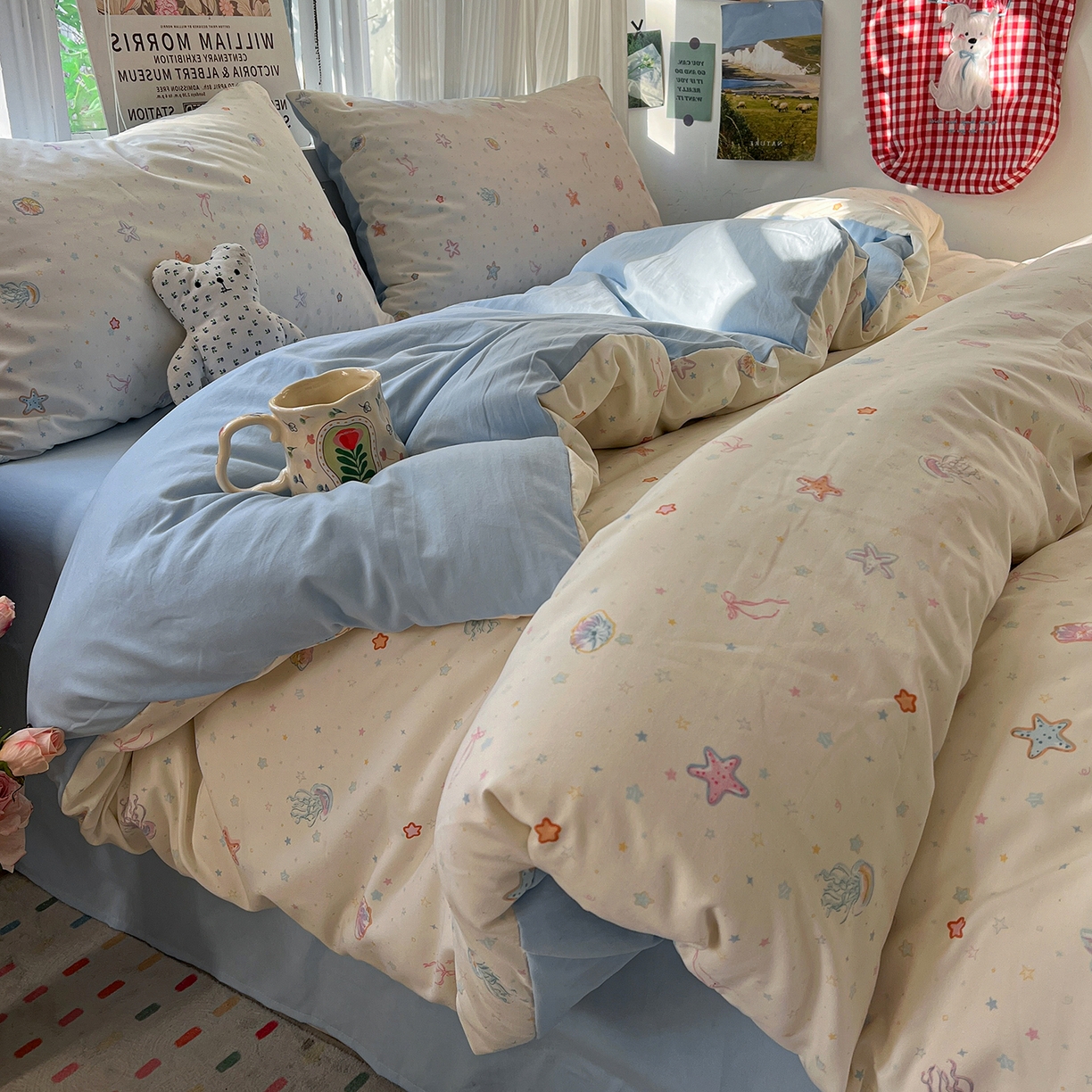 91家纺网 家纺一手货源 找家纺 水墨江南 2026新款加厚仿棉古法水洗棉小布袋款印花四件套 海底乐园