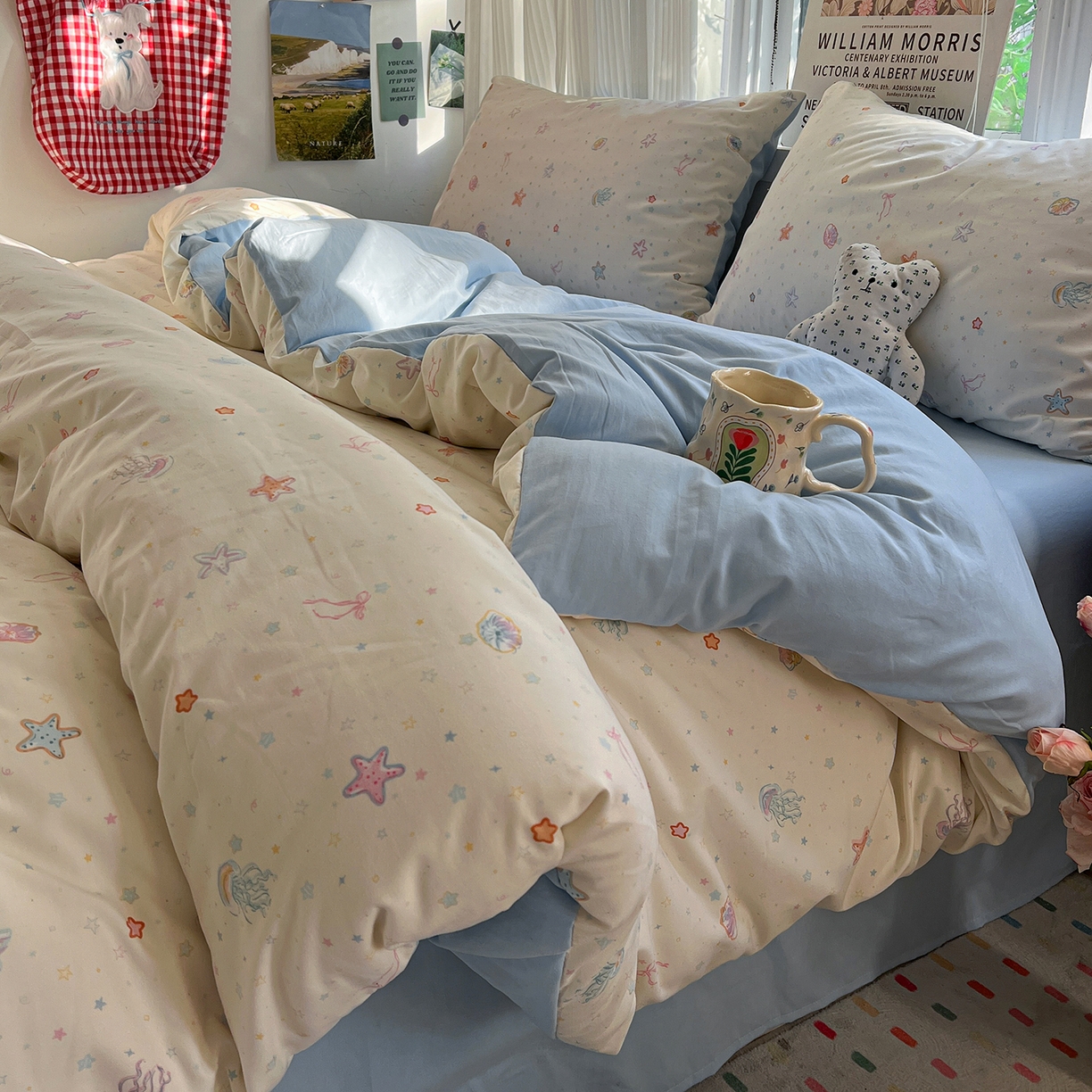 91家纺网 家纺一手货源 找家纺 水墨江南 2026新款加厚仿棉古法水洗棉小布袋款印花四件套 海底乐园