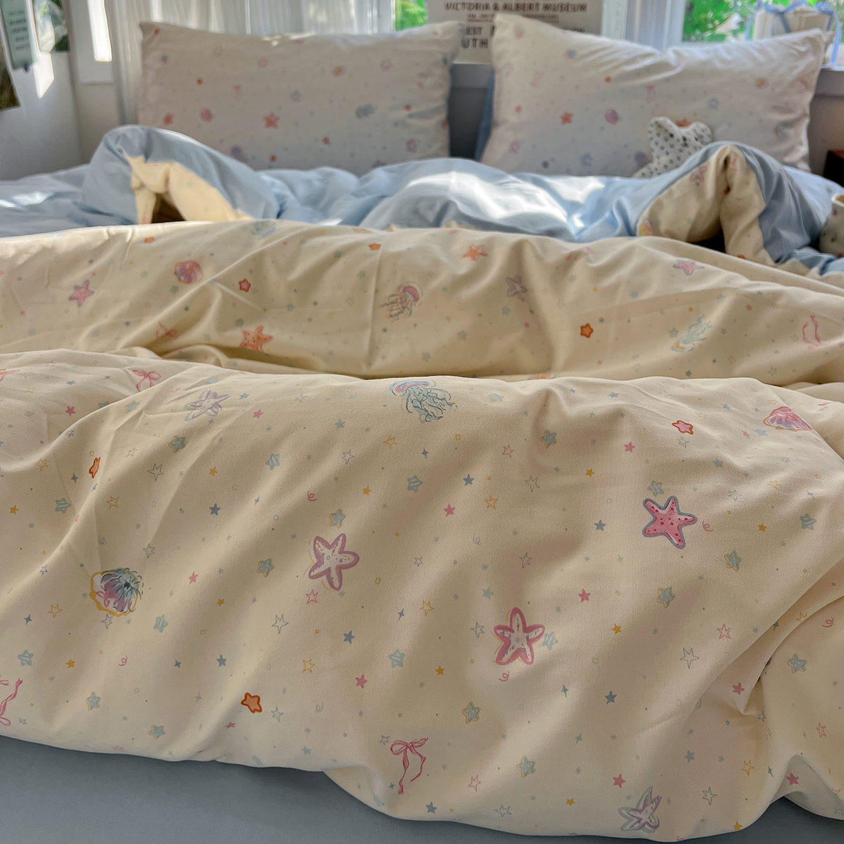 91家纺网 家纺一手货源 找家纺 水墨江南 2026新款加厚仿棉古法水洗棉小布袋款印花四件套 海底乐园