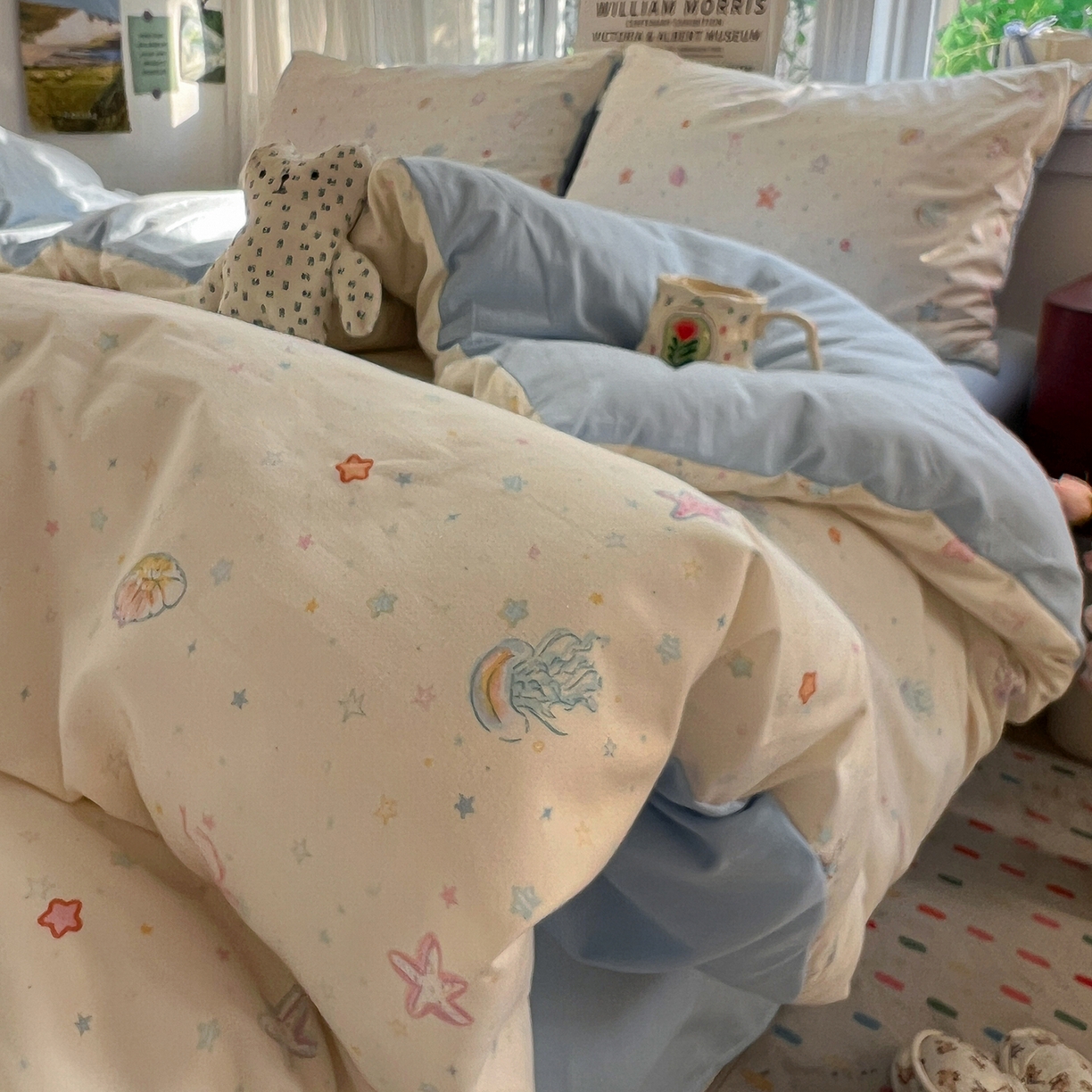 91家纺网 家纺一手货源 找家纺 水墨江南 2026新款加厚仿棉古法水洗棉小布袋款印花四件套 海底乐园