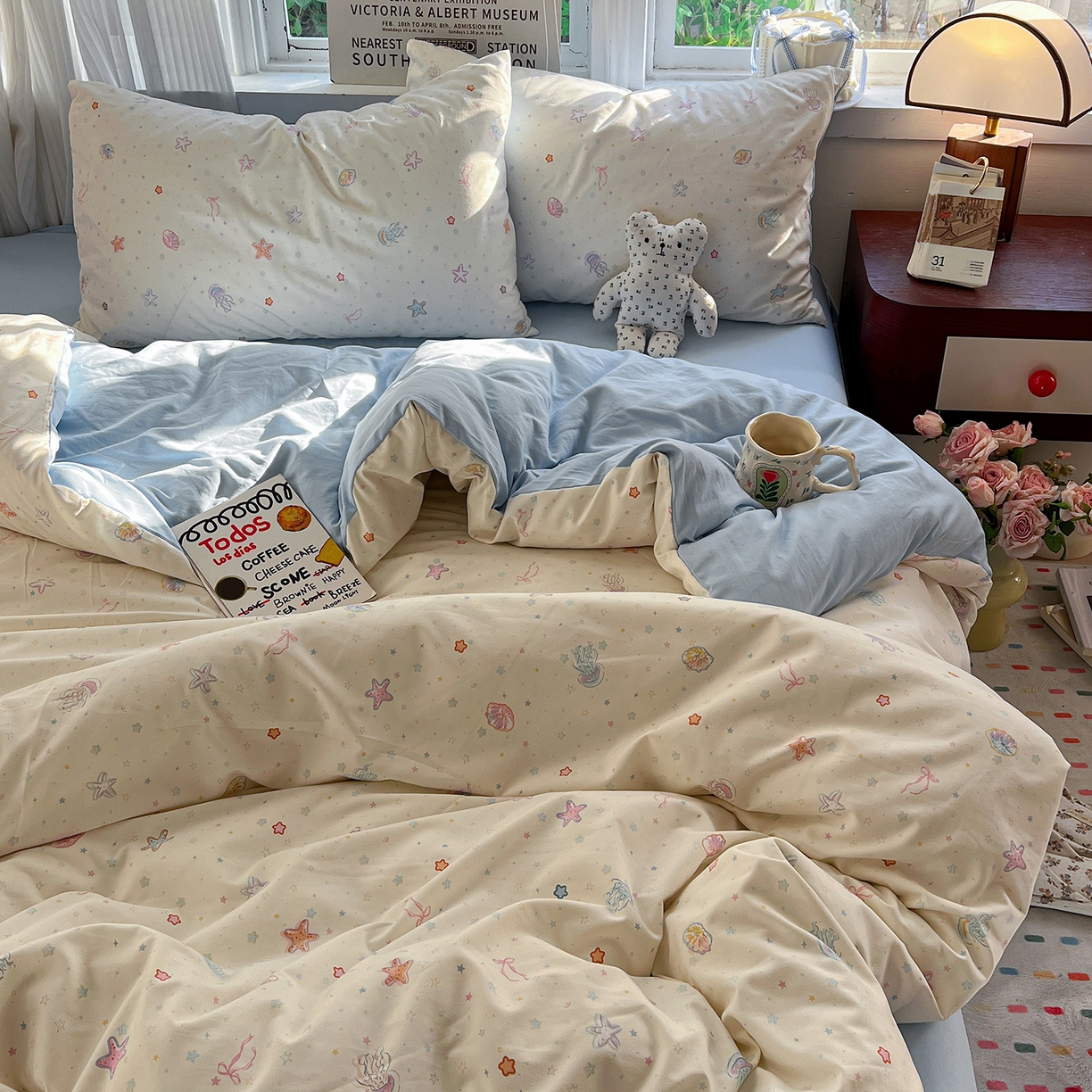 91家纺网 家纺一手货源 找家纺 水墨江南 2026新款加厚仿棉古法水洗棉小布袋款印花四件套 海底乐园