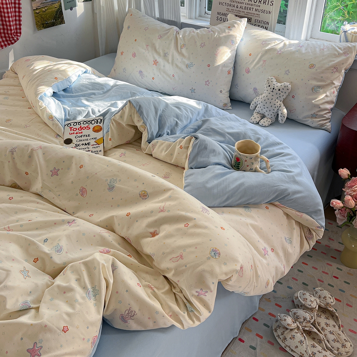 91家纺网 家纺一手货源 找家纺 水墨江南 2026新款加厚仿棉古法水洗棉小布袋款印花四件套 海底乐园