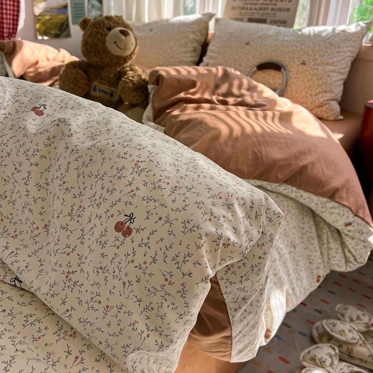 91家纺网 家纺一手货源 找家纺 水墨江南 2026新款加厚仿棉古法水洗棉小布袋款印花四件套 花园果果