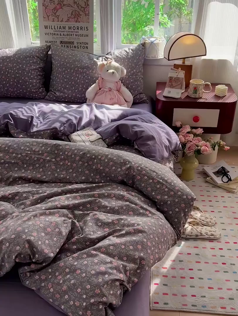 91家纺网 家纺一手货源 找家纺 水墨江南 2026新款加厚仿棉古法水洗棉小布袋款印花四件套 花园记