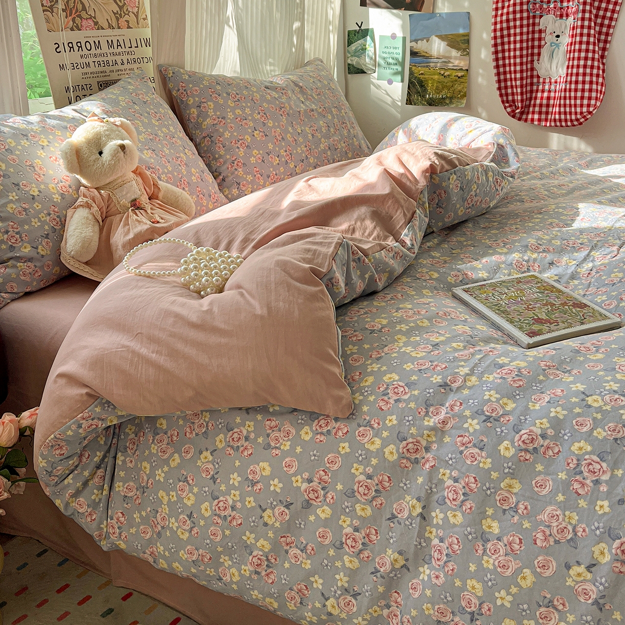 91家纺网 家纺一手货源 找家纺 水墨江南 2026新款加厚仿棉古法水洗棉小布袋款印花四件套 浪漫花园