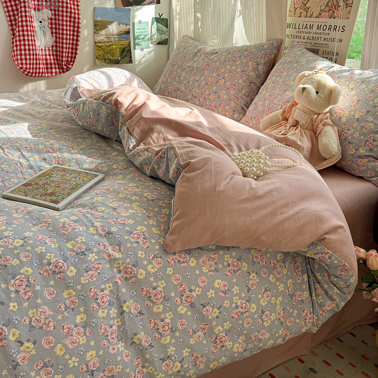 91家纺网 家纺一手货源 找家纺 水墨江南 2026新款加厚仿棉古法水洗棉小布袋款印花四件套 浪漫花园