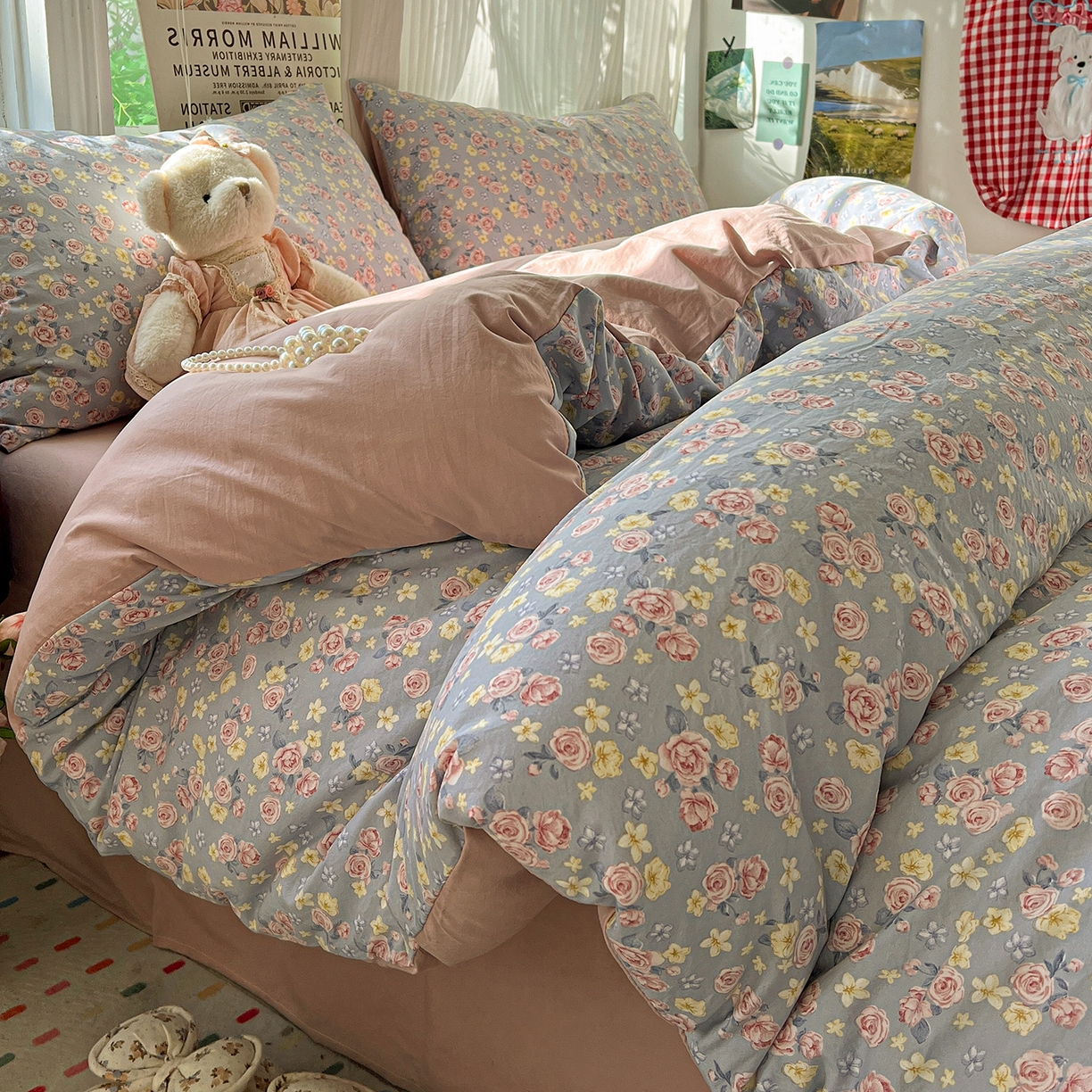 91家纺网 家纺一手货源 找家纺 水墨江南 2026新款加厚仿棉古法水洗棉小布袋款印花四件套 浪漫花园