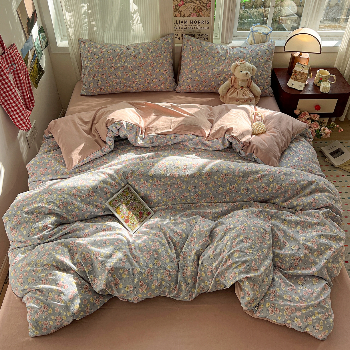 91家纺网 家纺一手货源 找家纺 水墨江南 2026新款加厚仿棉古法水洗棉小布袋款印花四件套 浪漫花园