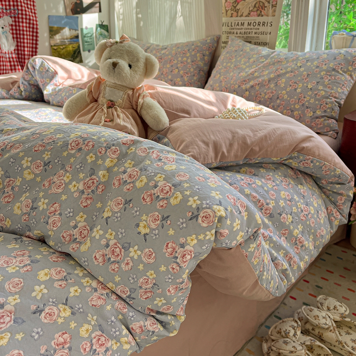 91家纺网 家纺一手货源 找家纺 水墨江南 2026新款加厚仿棉古法水洗棉小布袋款印花四件套 浪漫花园