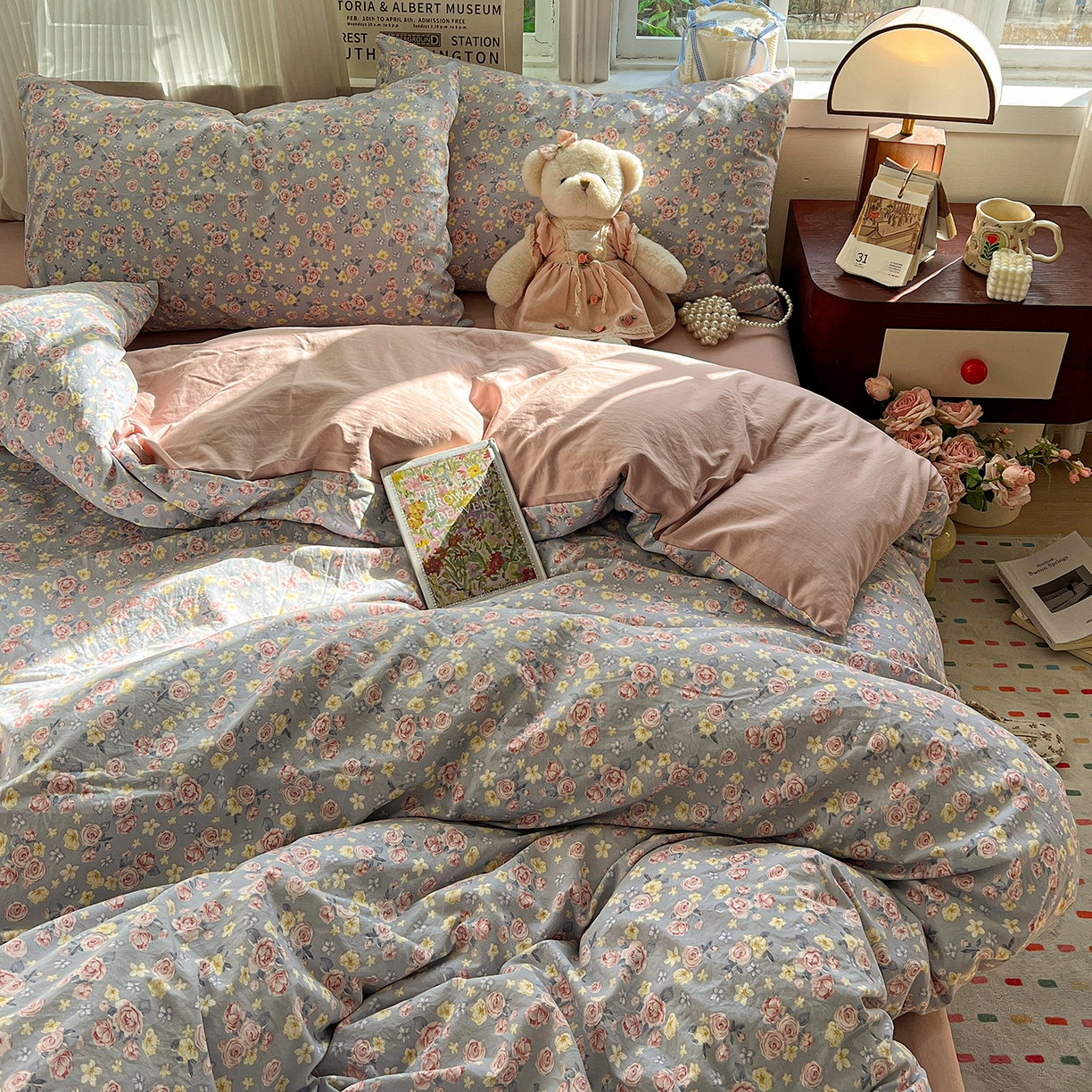 91家纺网 家纺一手货源 找家纺 水墨江南 2026新款加厚仿棉古法水洗棉小布袋款印花四件套 浪漫花园