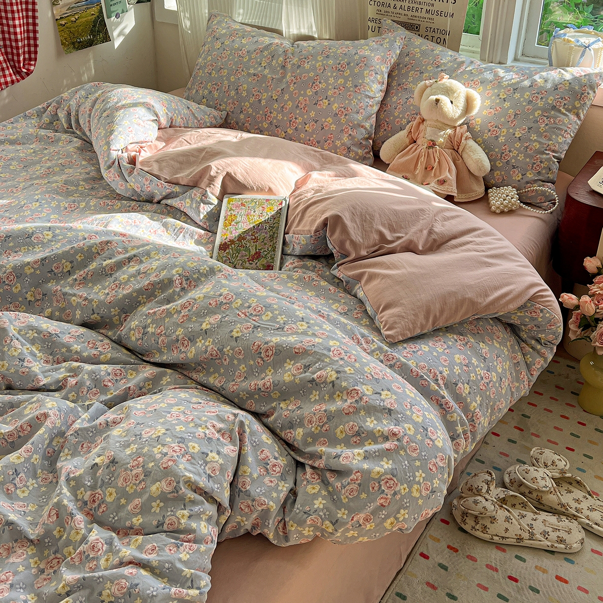 91家纺网 家纺一手货源 找家纺 水墨江南 2026新款加厚仿棉古法水洗棉小布袋款印花四件套 浪漫花园