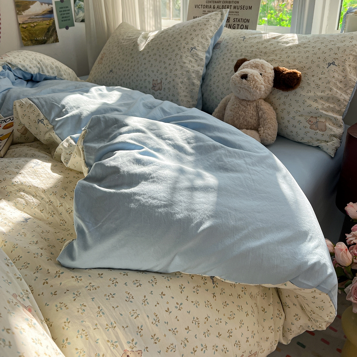 91家纺网 家纺一手货源 找家纺 水墨江南 2026新款加厚仿棉古法水洗棉小布袋款印花四件套 奶萌狗