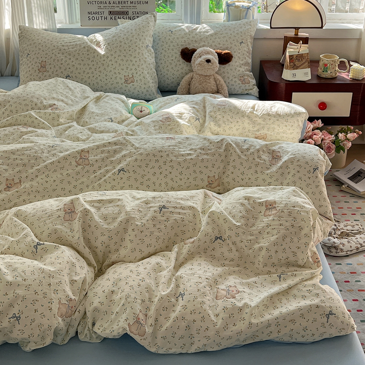 91家纺网 家纺一手货源 找家纺 水墨江南 2026新款加厚仿棉古法水洗棉小布袋款印花四件套 奶萌狗