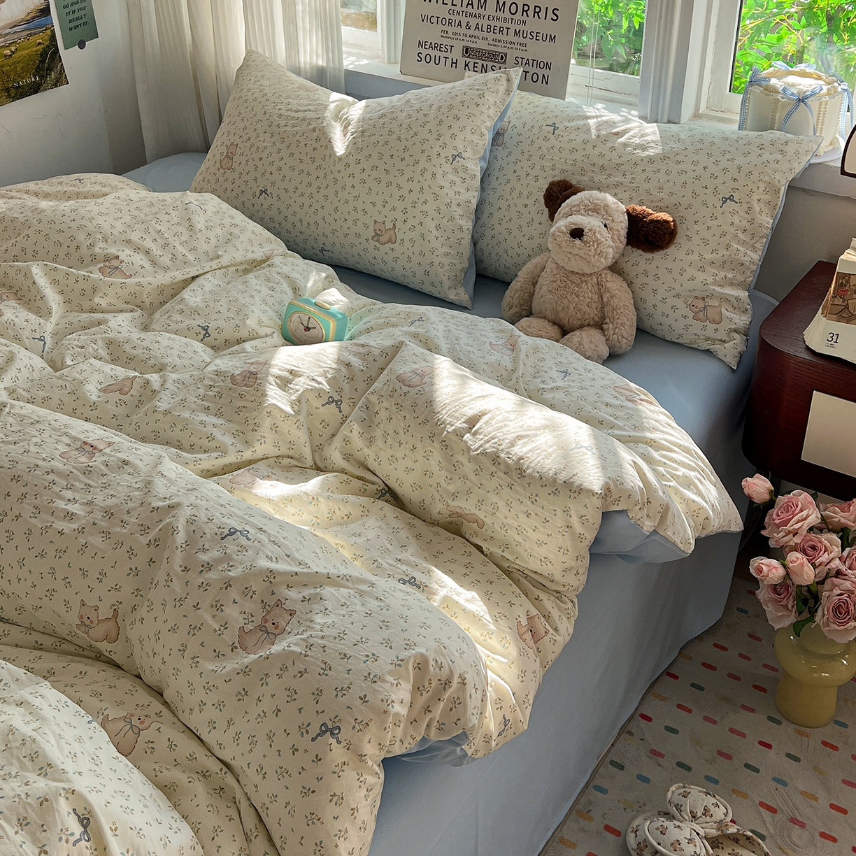 91家纺网 家纺一手货源 找家纺 水墨江南 2026新款加厚仿棉古法水洗棉小布袋款印花四件套 奶萌狗