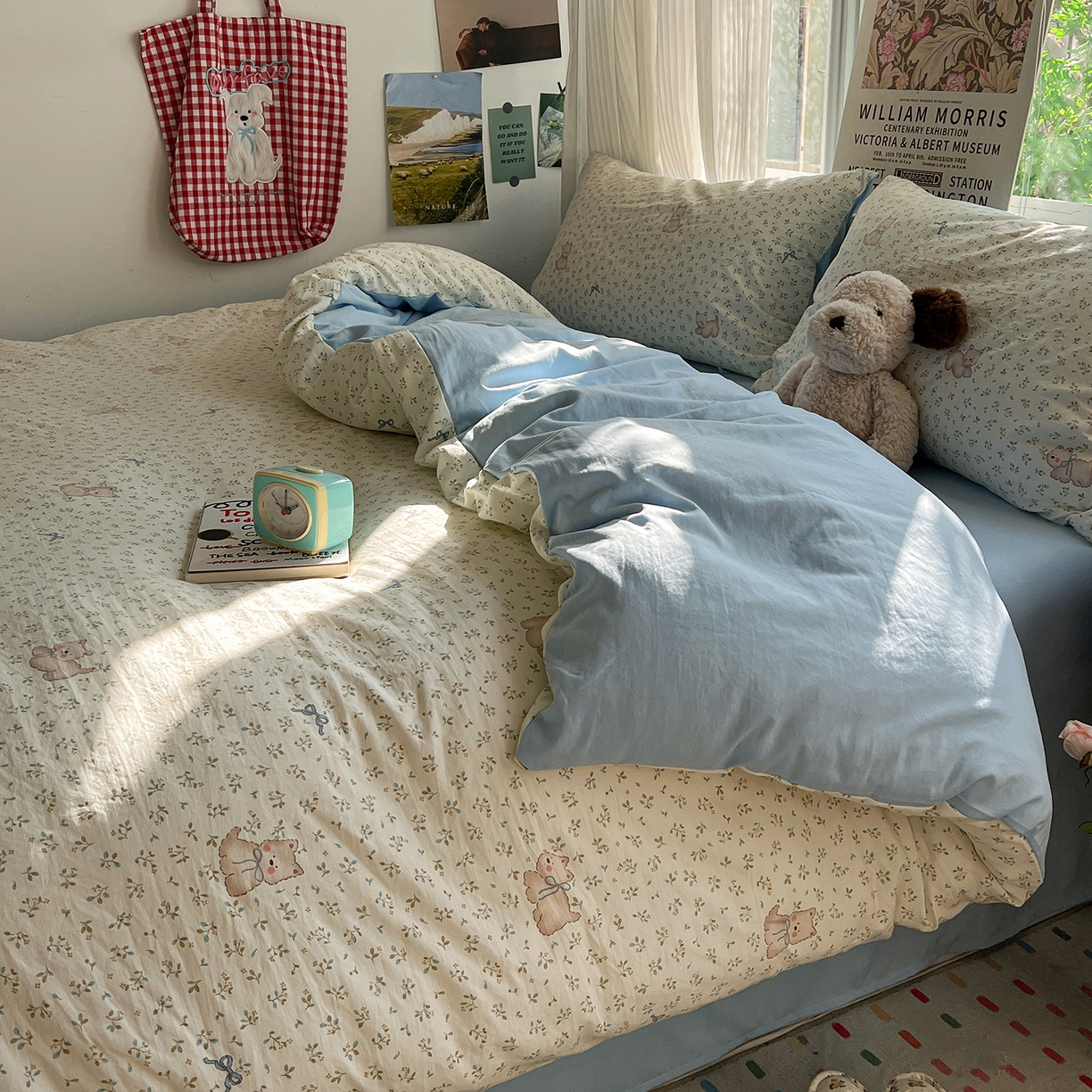 91家纺网 家纺一手货源 找家纺 水墨江南 2026新款加厚仿棉古法水洗棉小布袋款印花四件套 奶萌狗