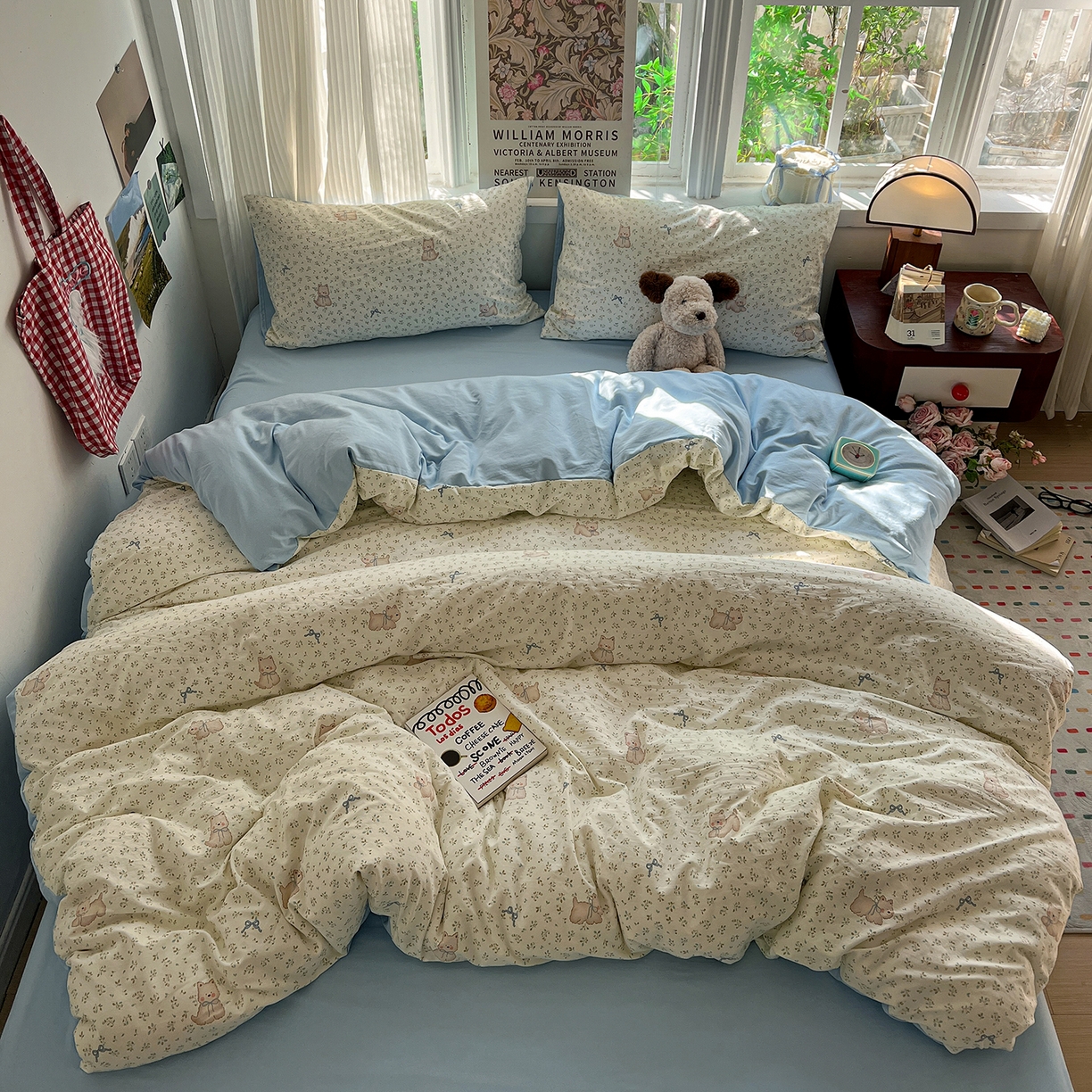 91家纺网 家纺一手货源 找家纺 水墨江南 2026新款加厚仿棉古法水洗棉小布袋款印花四件套 奶萌狗