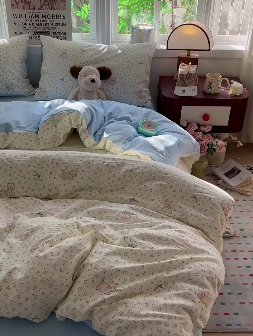 91家纺网 家纺一手货源 找家纺 水墨江南 2026新款加厚仿棉古法水洗棉小布袋款印花四件套 奶萌狗