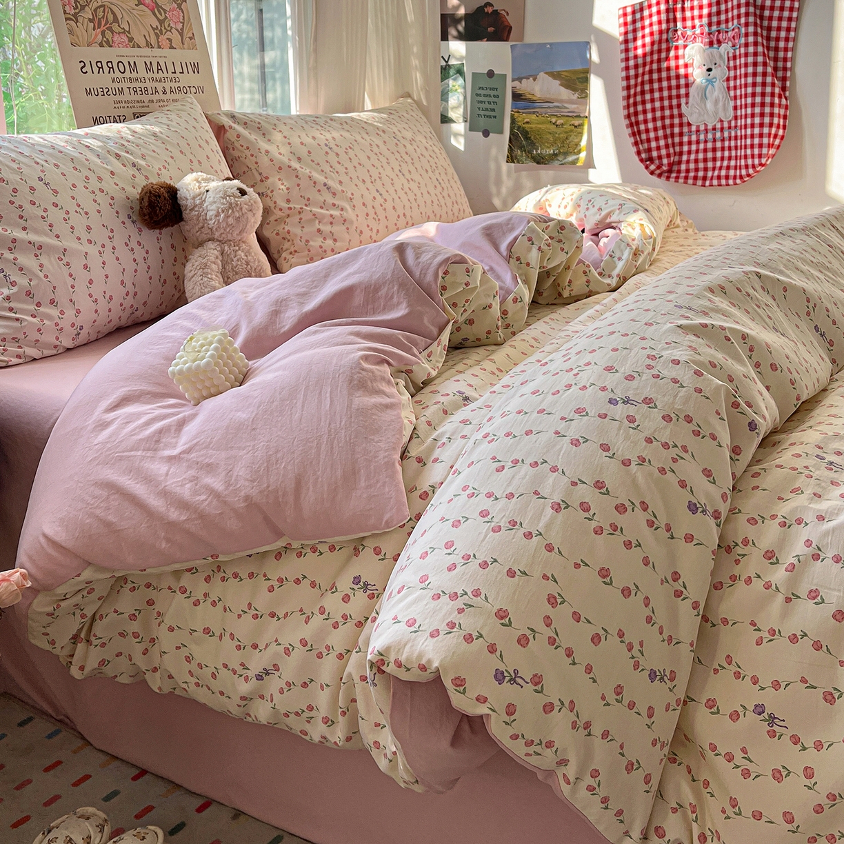 91家纺网 家纺一手货源 找家纺 水墨江南 2026新款加厚仿棉古法水洗棉小布袋款印花四件套 拾花季