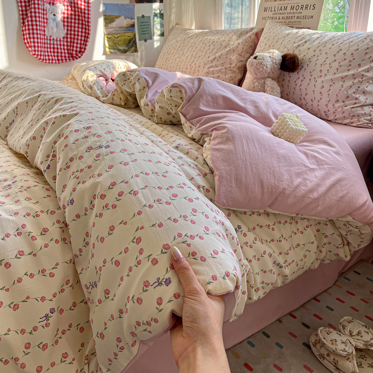 91家纺网 家纺一手货源 找家纺 水墨江南 2026新款加厚仿棉古法水洗棉小布袋款印花四件套 拾花季