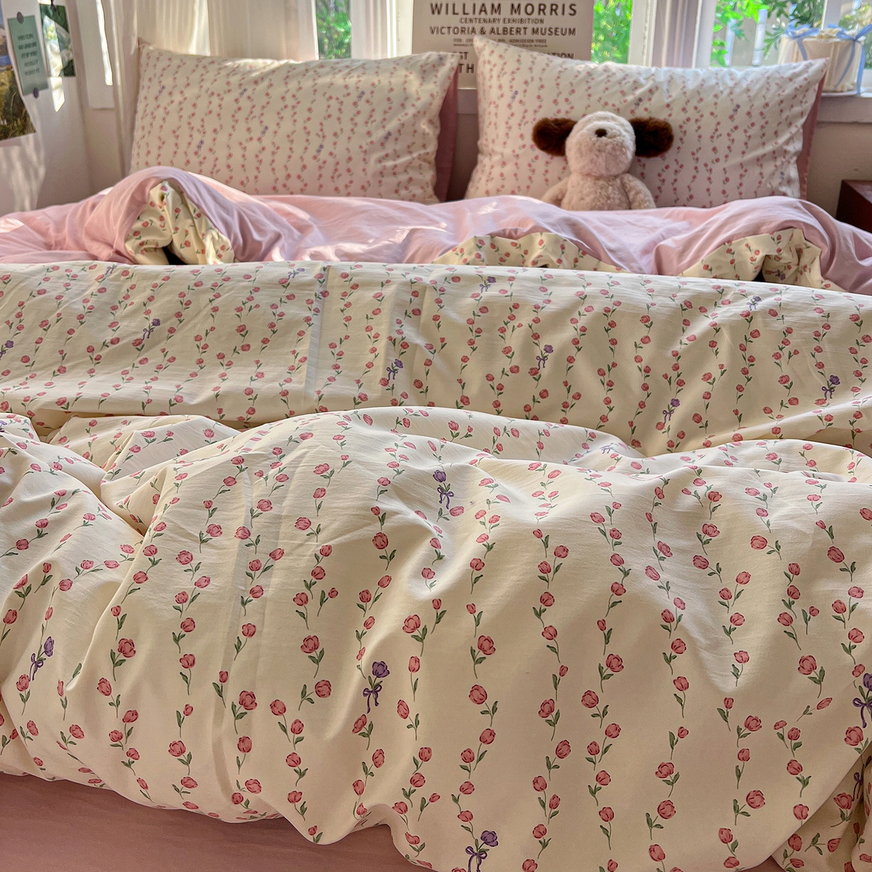 91家纺网 家纺一手货源 找家纺 水墨江南 2026新款加厚仿棉古法水洗棉小布袋款印花四件套 拾花季