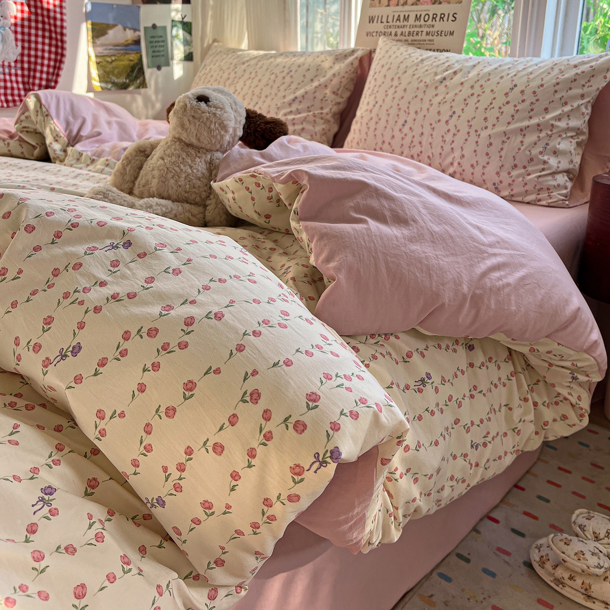 91家纺网 家纺一手货源 找家纺 水墨江南 2026新款加厚仿棉古法水洗棉小布袋款印花四件套 拾花季