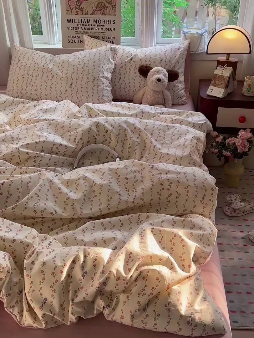 91家纺网 家纺一手货源 找家纺 水墨江南 2026新款加厚仿棉古法水洗棉小布袋款印花四件套 拾花季