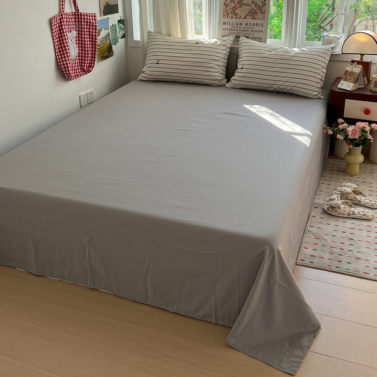 91家纺网 家纺一手货源 找家纺 水墨江南 2026新款加厚仿棉古法水洗棉小布袋款印花四件套 条纹樱桃