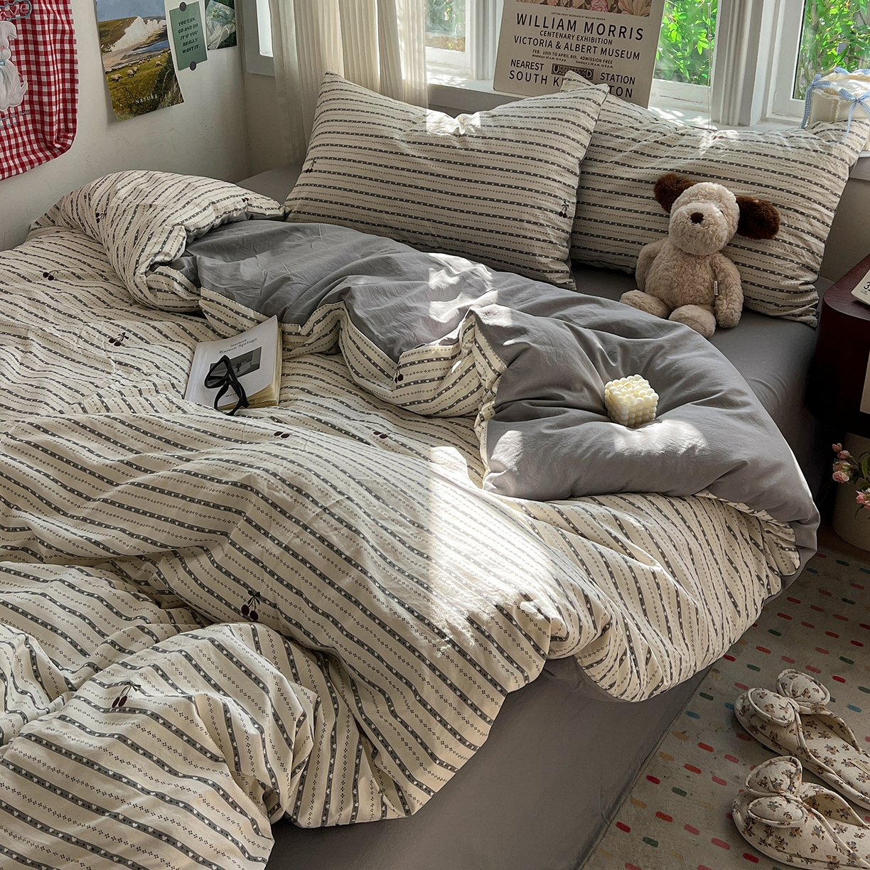 91家纺网 家纺一手货源 找家纺 水墨江南 2026新款加厚仿棉古法水洗棉小布袋款印花四件套 条纹樱桃