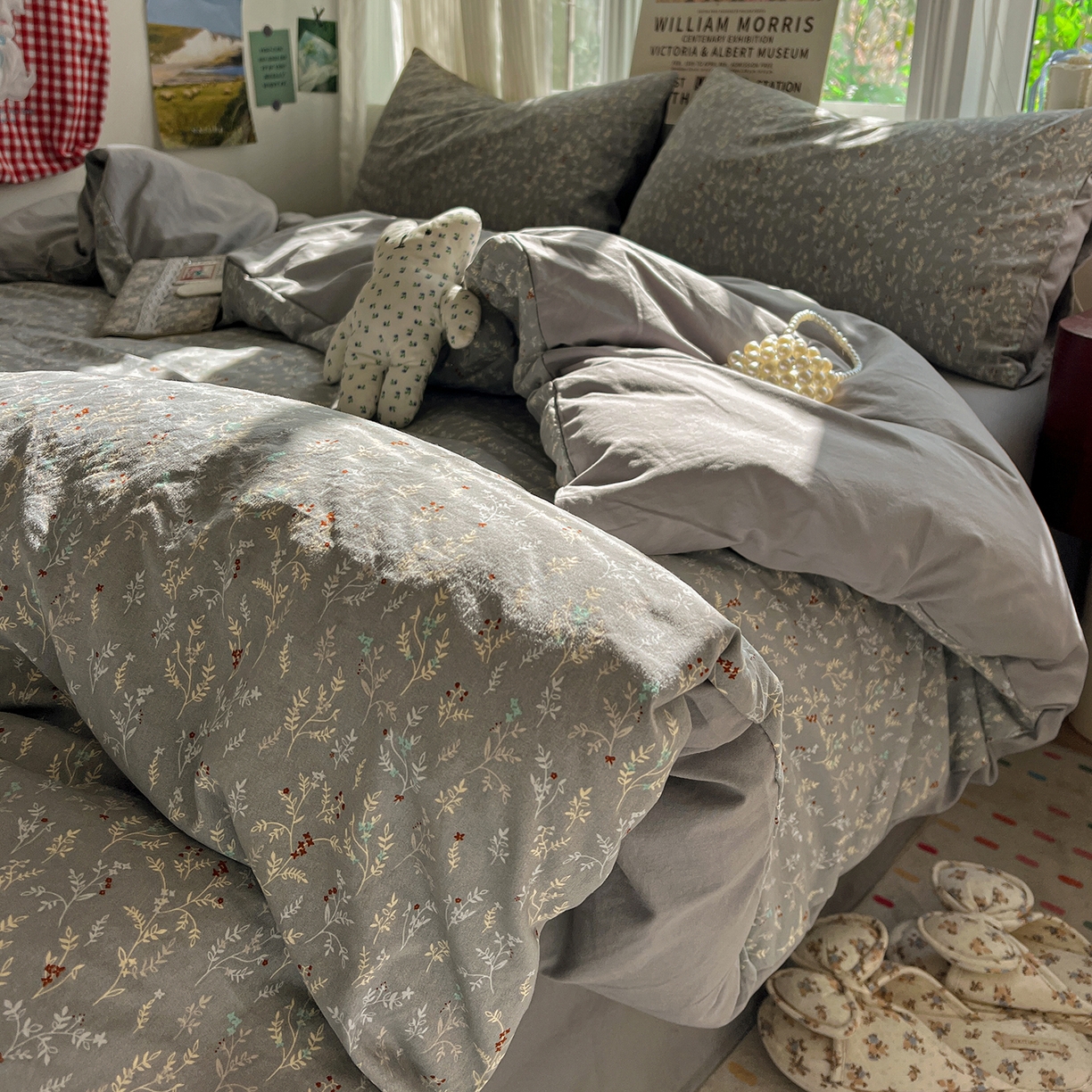 91家纺网 家纺一手货源 找家纺 水墨江南 2026新款加厚仿棉古法水洗棉小布袋款印花四件套 晚香玉