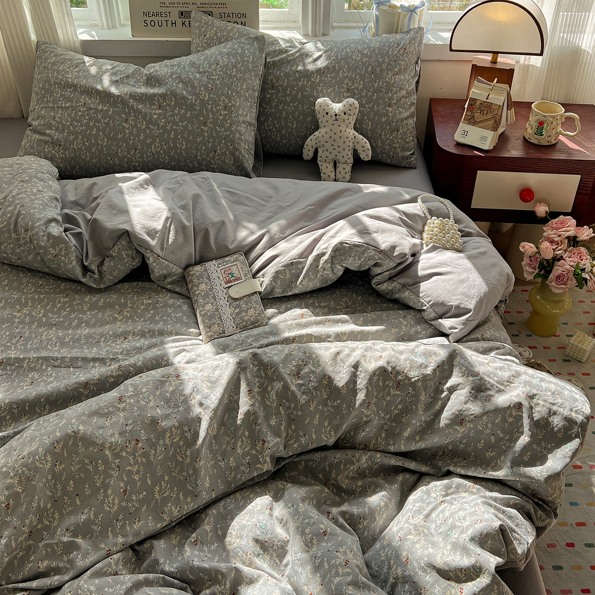 91家纺网 家纺一手货源 找家纺 水墨江南 2026新款加厚仿棉古法水洗棉小布袋款印花四件套 晚香玉