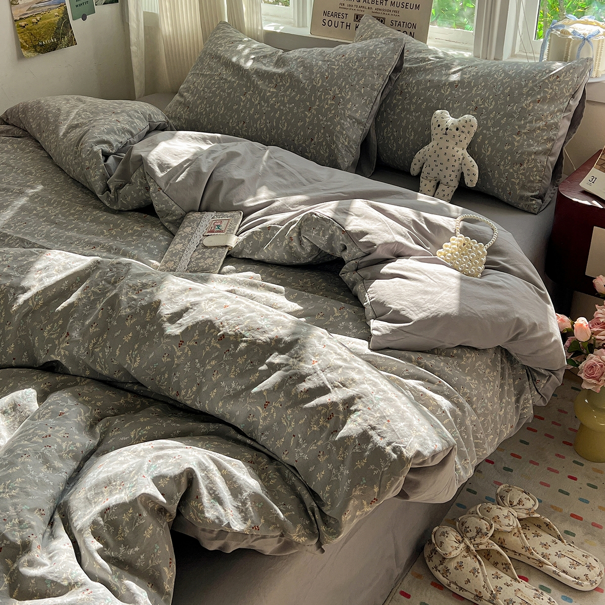 91家纺网 家纺一手货源 找家纺 水墨江南 2026新款加厚仿棉古法水洗棉小布袋款印花四件套 晚香玉