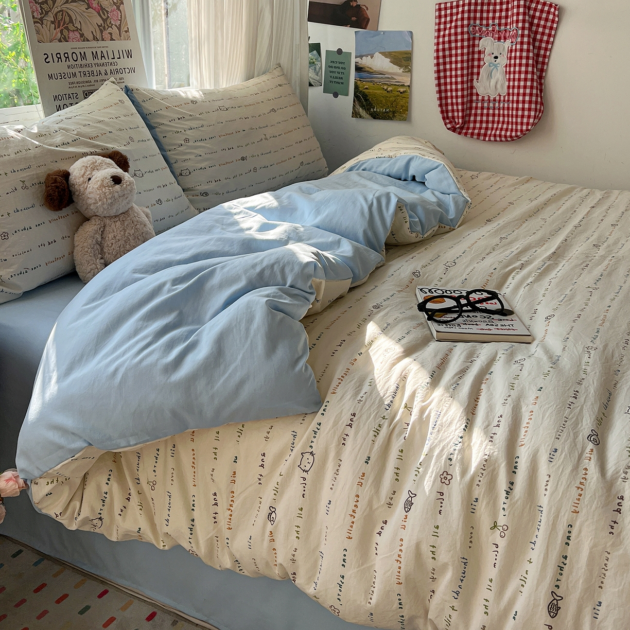 91家纺网 家纺一手货源 找家纺 水墨江南 2026新款加厚仿棉古法水洗棉小布袋款印花四件套 小猫钓鱼