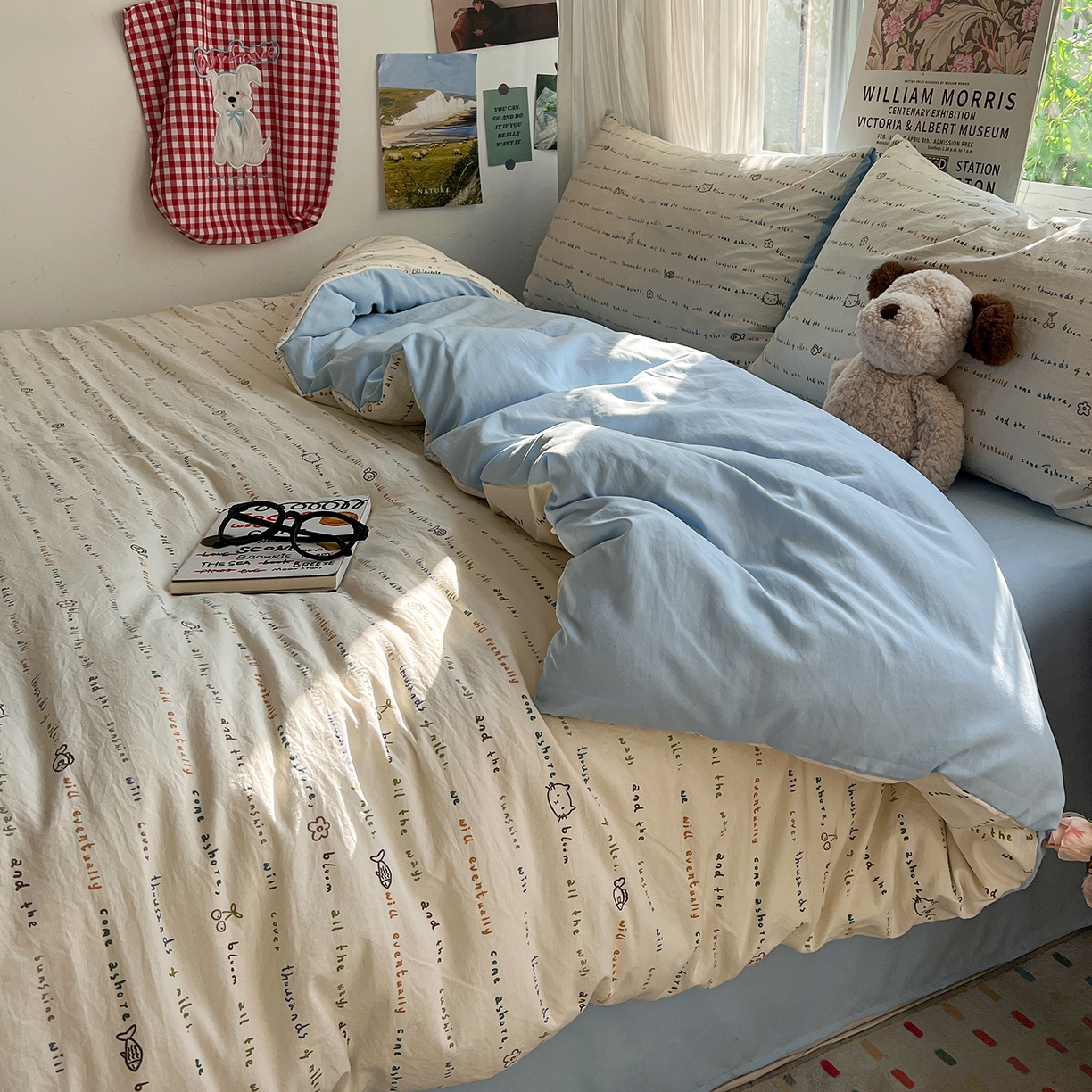 91家纺网 家纺一手货源 找家纺 水墨江南 2026新款加厚仿棉古法水洗棉小布袋款印花四件套 小猫钓鱼