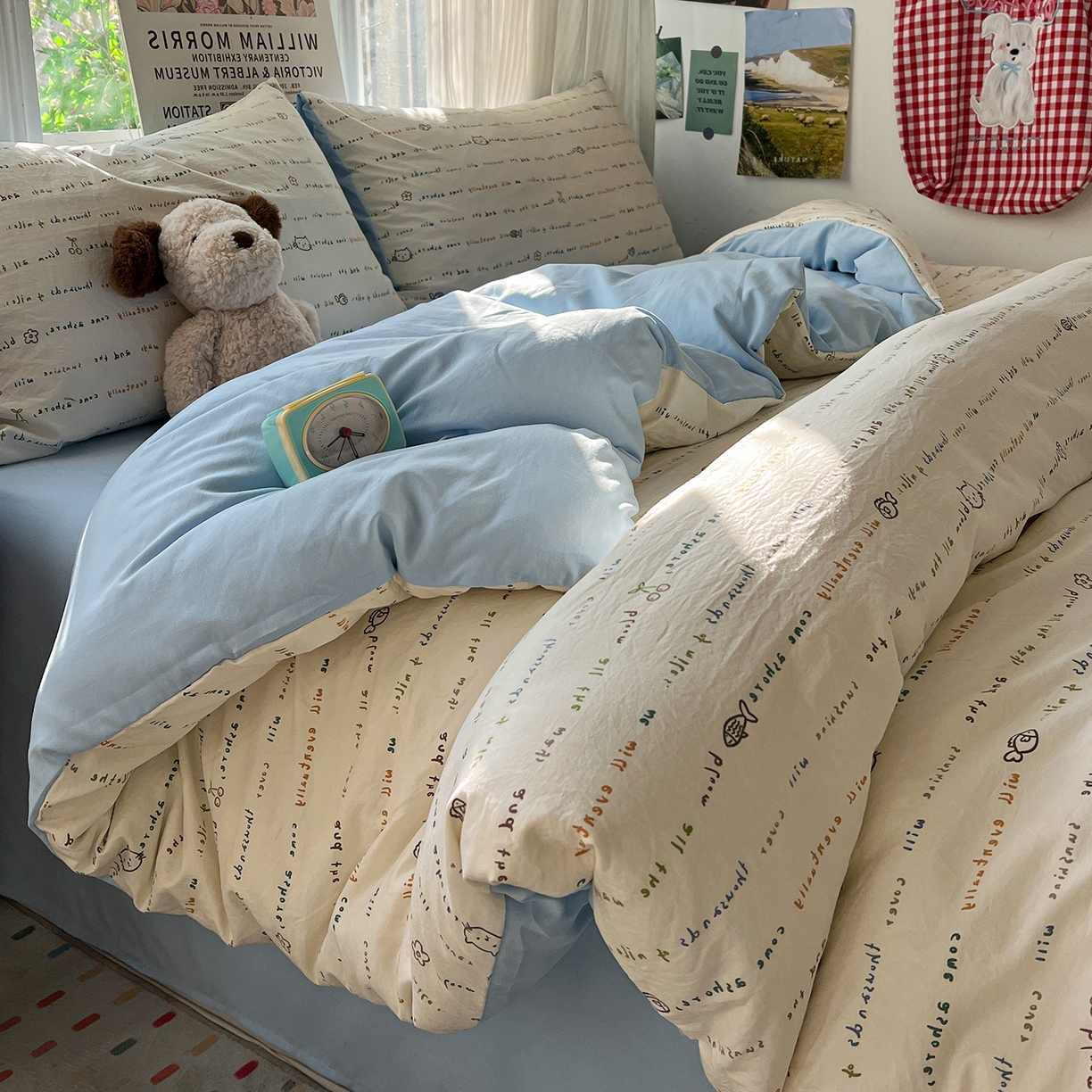 91家纺网 家纺一手货源 找家纺 水墨江南 2026新款加厚仿棉古法水洗棉小布袋款印花四件套 小猫钓鱼