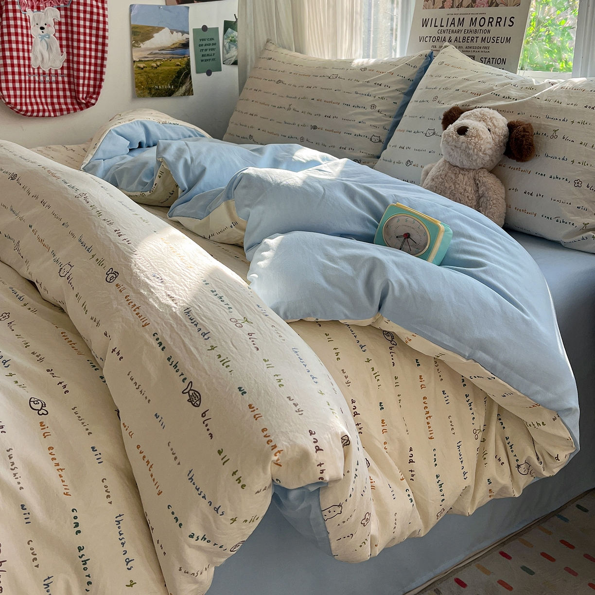 91家纺网 家纺一手货源 找家纺 水墨江南 2026新款加厚仿棉古法水洗棉小布袋款印花四件套 小猫钓鱼